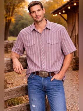 Vintage Lee Men's XL Pearl Snap Shirt Short Sleeve Western Stiped Lightweight